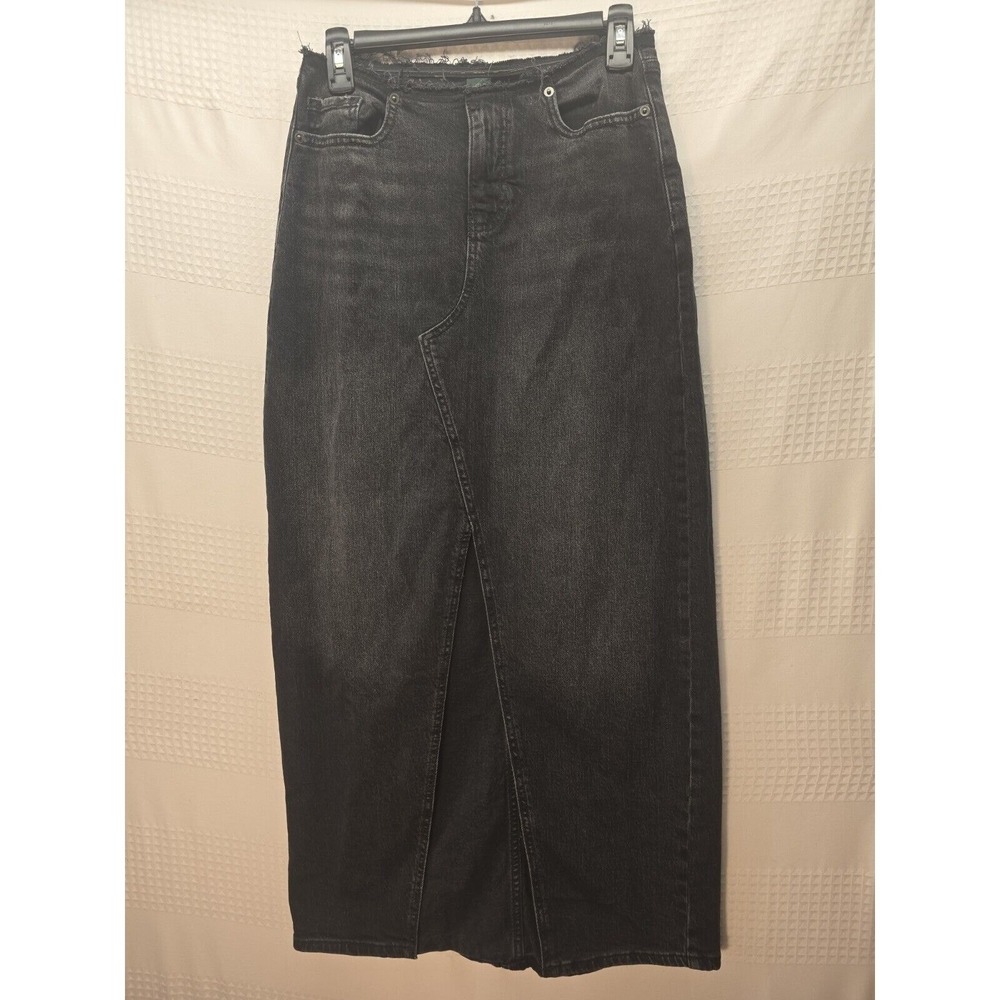 Wild Fable Mid Rise Slit Front Maxi Denim Skirt Raw Hem Black Size 2R 5421